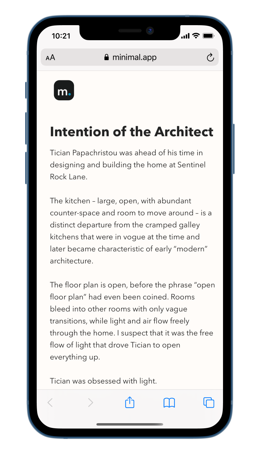 A published website in the Safari browser, composed in Minimal